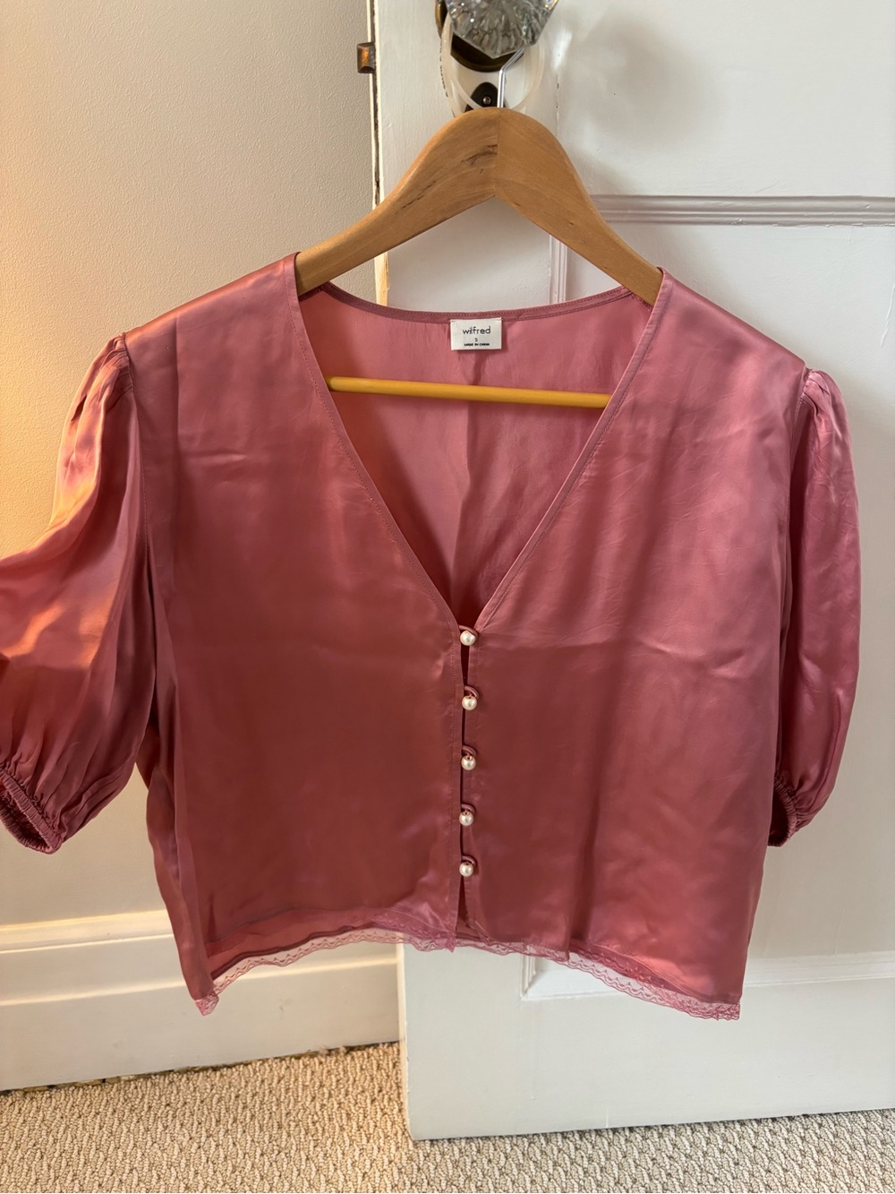 Wilfred Rose Satin Pearl-Button V-Neck Blouse